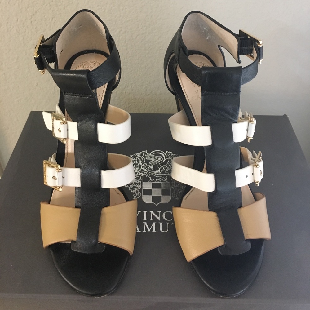Vince Camuto Black, White & Tan Strappy Gladiator Sandals